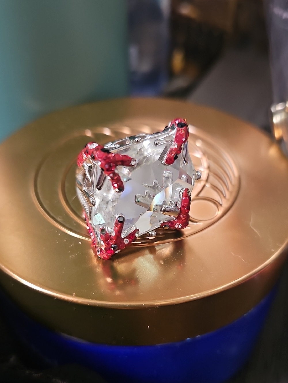 Swarovski Silver Ring with Clear Gemstone and Red Accent Stones - Women Jewelry
